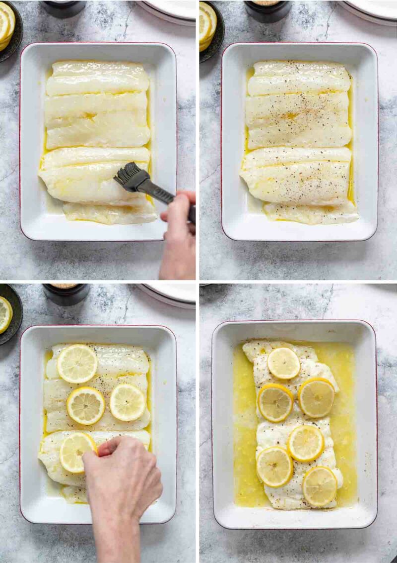 Fischfilet vorbereiten mit Öl und Zitronenscheiben und im Ofen backen