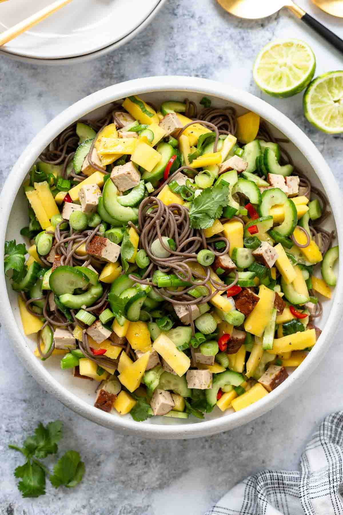 Soba Nudelsalat mit Mango, Gurken und Tofu