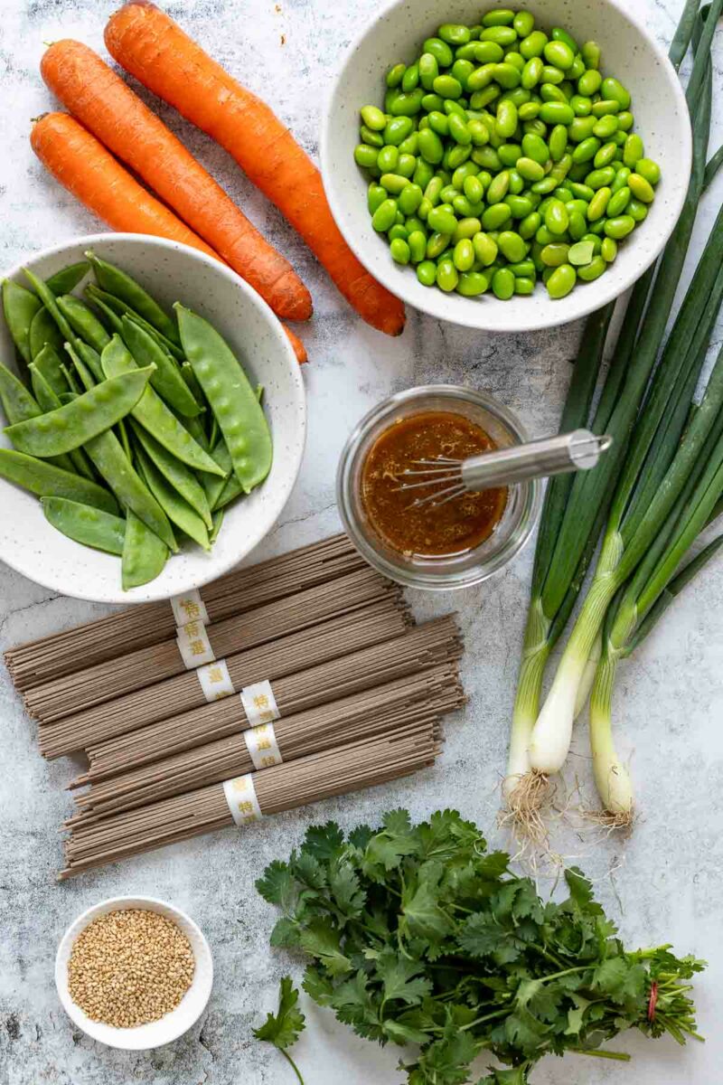 Zutaten: Soba Noodles, Zuckerschoten, Frühlingszwiebeln, frische Koriander, Edamame und Karotten und Miso Dressing
