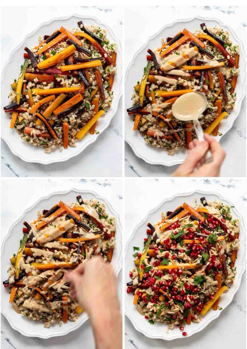 Salat mit gerösteten Karotten und Gerste (Rollgerste/Graupen) plus Tahini-Dressing